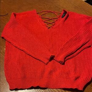 Forever 21 Red V-Neck Sweater with Lace-Up Back